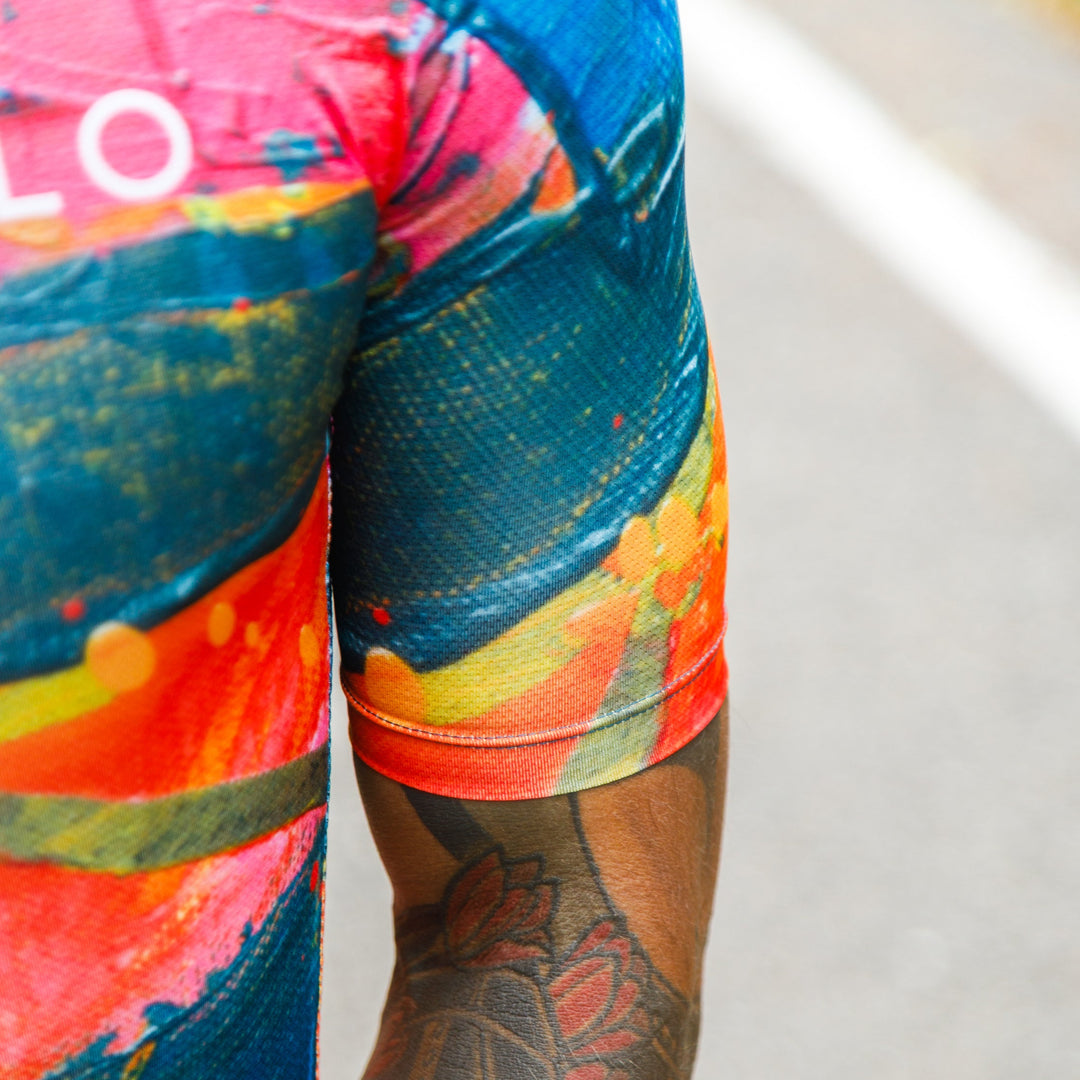 Artistic Orange Cycling Jersey with Colorful Print – Artist Jersey